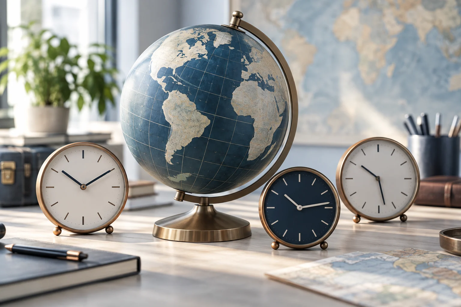 Globe terrestre décoratif entouré de trois horloges indiquant des heures différentes