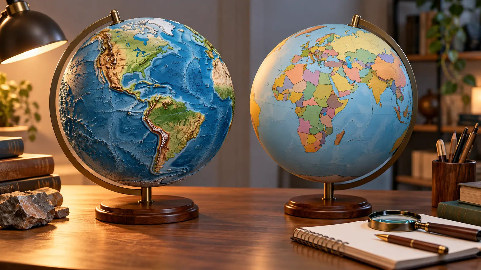 Comparaison illustrative d’un globe physique en relief et d’un globe politique coloré