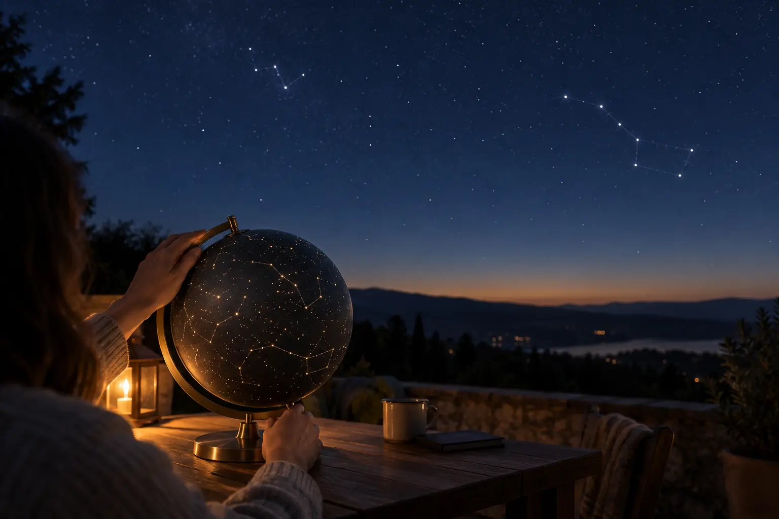 Personne orientant un globe des constellations face au ciel nocturne