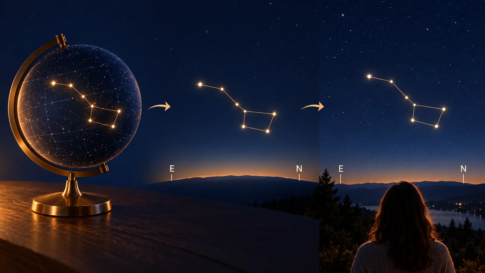 Schéma du transfert d'une constellation depuis un globe vers le ciel au-dessus de l'horizon